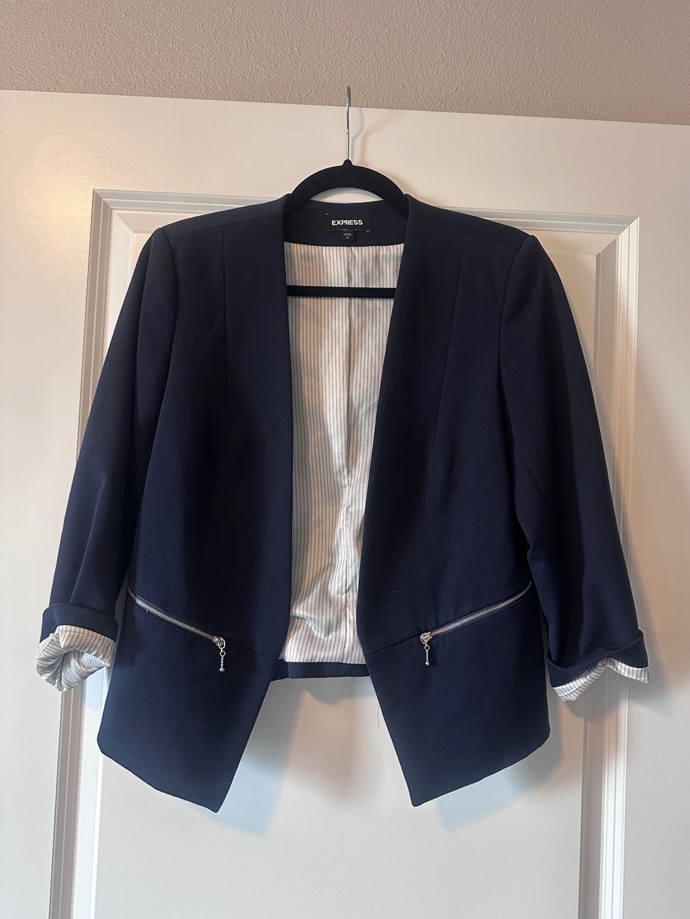Express Navy Open-Front Blazer with Zip Pocket Accents